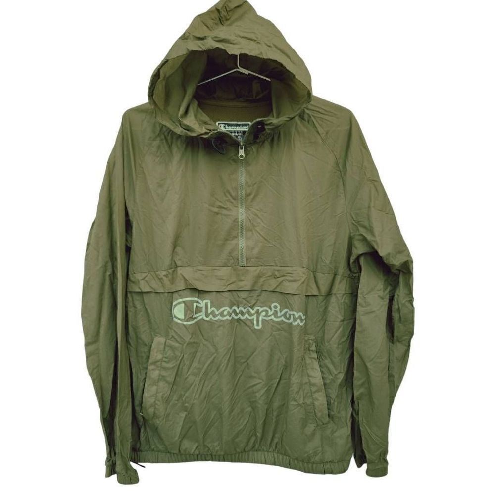Champion Mens Anorak Jacket Green Half Zip Windbreaker Vented Loho Hood M